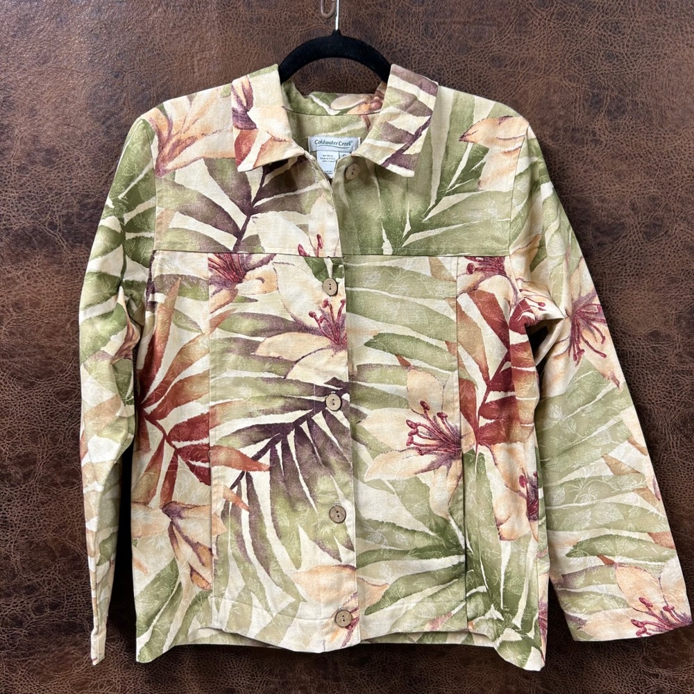 Coldwater Creek Small Womens‎ Island Tropical Leaf Button Down Cotton Blouse